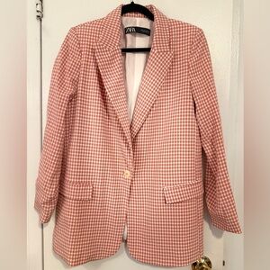 Zara Coral Pink Gingham Single-Button Blazer